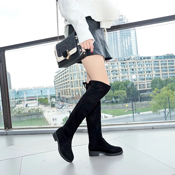 CLEARANCE RESTOCK Vegan Suede Velvet Black Sexy Flat Over Knee Line Boots - Picture 6 of 11